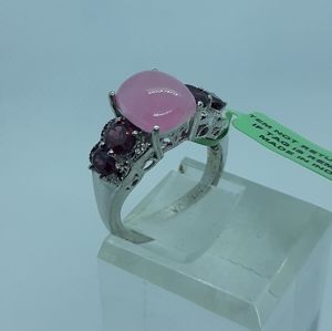 Genuine Pink Jade & Garnet Silver Ring